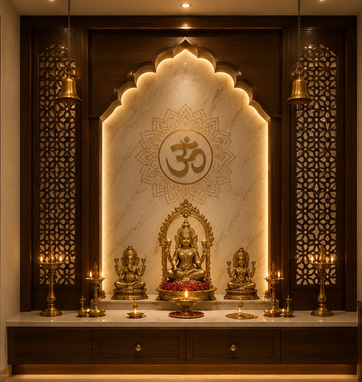 Pooja room with custom woodwork